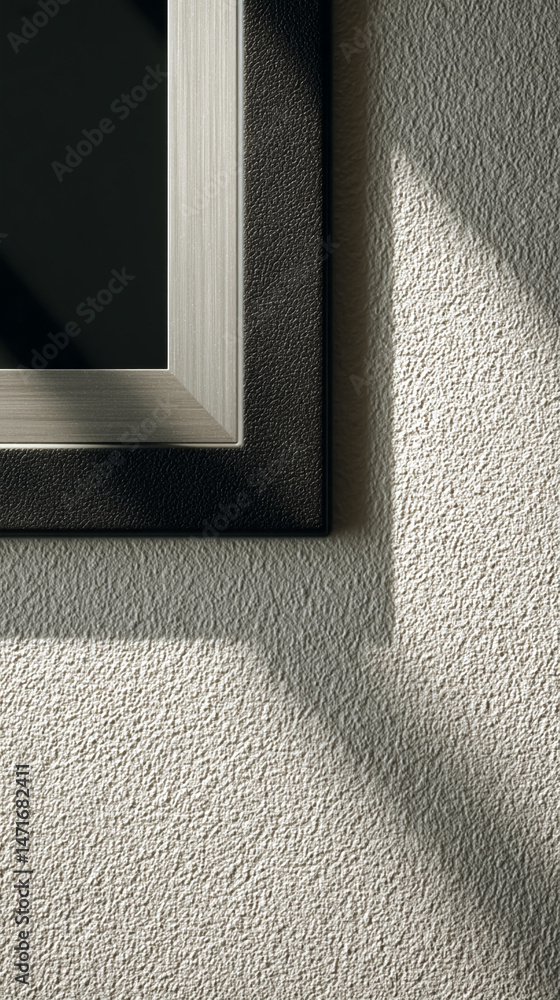 Poster close-up of dark gray frame on textured beige wall, showing interplay of light and shadow, showcasin