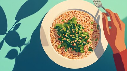 Person eating slowly and mindfully with a plate of whole grains and greens