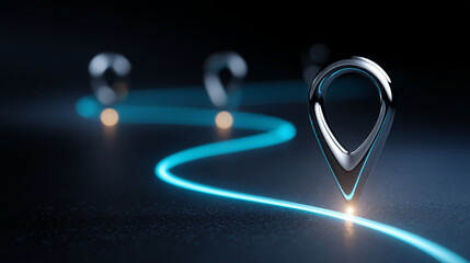 Metallic location pin on glowing blue path, symbolizes journey, navigation, or progress, showcasing route planning or technological advancement