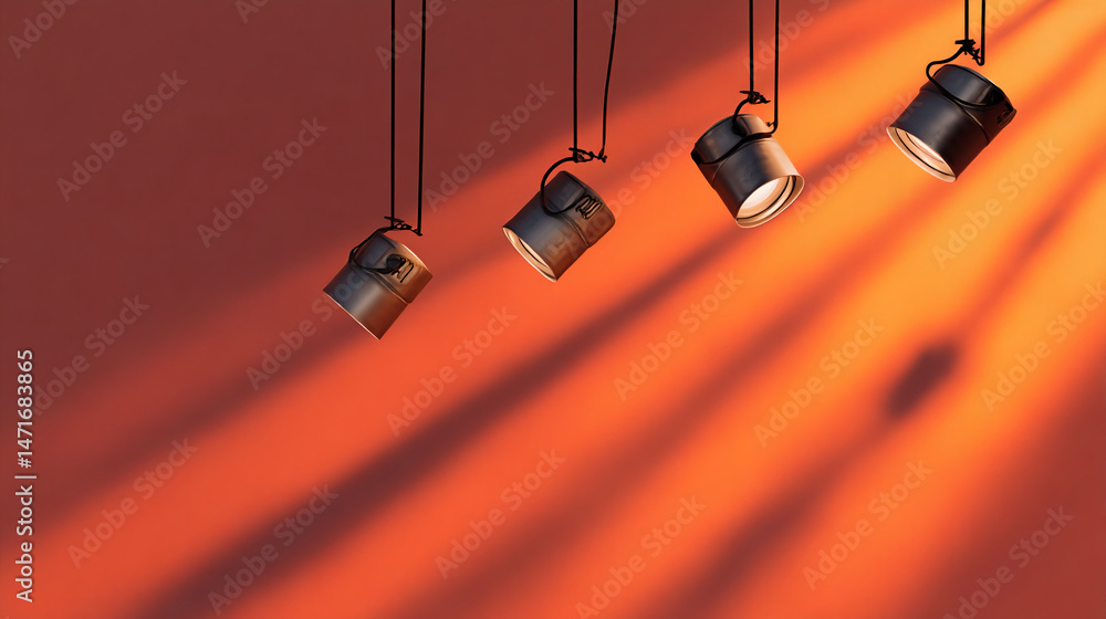 Poster four metallic lamps hang against an orange wall, casting shadows, creating a minimalist and modern s