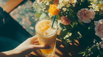 Person enjoying a smoothie made with fresh seasonal fruits as a mindful choice
