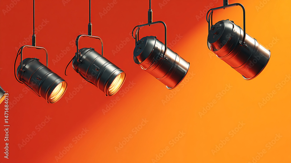 Poster four metallic spotlights hang against an orange background, creating a dramatic lighting effect idea
