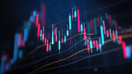 Financial stock market graph with candlestick chart and data trend
