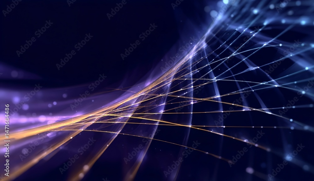 Poster a dark blue background with lines of light purple and yellow in the foreground, creating an