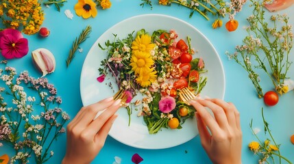 Person taking small mindful bites from a plate filled with plant-based ingredients