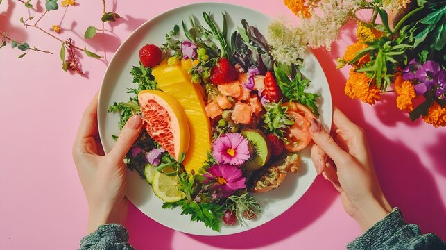 Person taking small mindful bites from a plate filled with plant-based ingredients