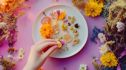 Person taking small mindful bites from a plate filled with plant-based ingredients