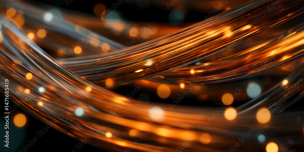 Poster Abstract image of glowing orange and gray strands, creating dynamic, wavy lines against a dark background, suggesting motion, energy, and connectivity