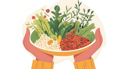 Person preparing a plate with fresh greens and grains as part of a balanced diet