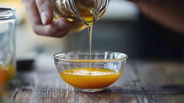 Two tablespoons of vinegar being poured into the egg yolk mixture