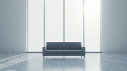 Fototapeta premium Modern, minimalist interior featuring a gray sofa.