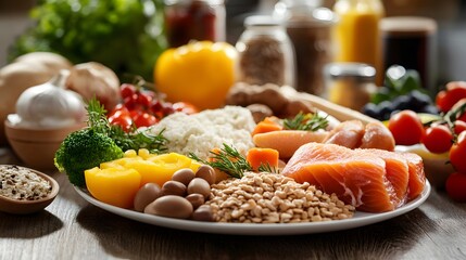 Close-up of a plate filled with whole foods in a colorful balanced meal