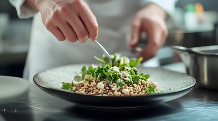 Person preparing a plate with fresh greens and grains as part of a balanced diet