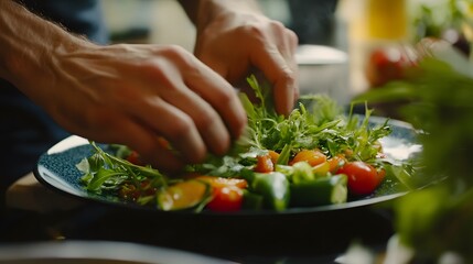 Close-up of hands arranging vegetables on a plate in a beautiful mindful display