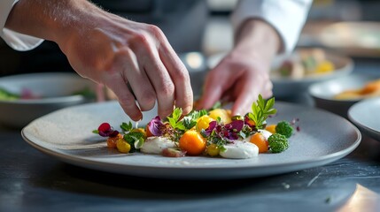 Close-up of hands arranging vegetables on a plate in a beautiful mindful display