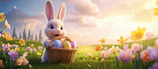 Cute cartoon bunny holding a basket of colorful Easter eggs in a sunny flower field. Cheerful spring holiday scene with blooming flowers, blue sky, and warm lighting, perfect for Easter themes.