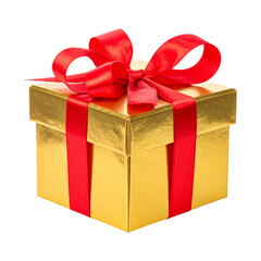 Fototapeta premium A gold gift box with a red ribbon on transparent Background, PNG file, gold gift box with ribbon