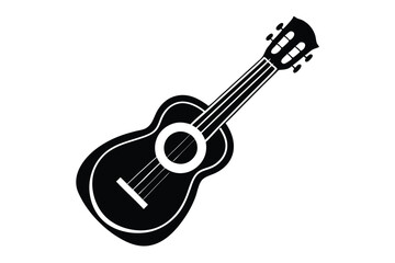 An iconic black guitar silhouette with white details is shown on a white background