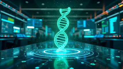 Futuristic Genetic Sequencing Laboratory with Central Holographic Display Showing Rotating DNA Molecules and Real-Time Genetic Analysis