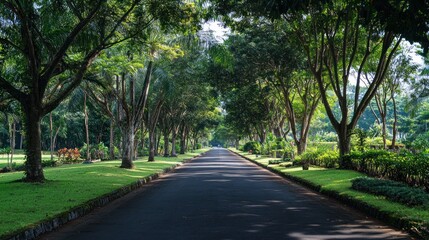 Obraz premium Sun-Dappled Pathway: A Serene Road Lined with Lush Green Trees and Manicured Lawns