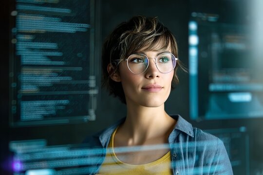 A female programmer with short hair and glasses, wearing a blue shirt and yellow t-shirt, is