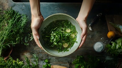 Person enjoying a homemade soup made with fresh herbs and vegetables