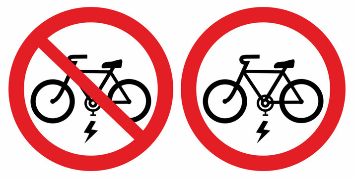 Prohibition sign, no entry with electric bikes, no transportation or storage of electric bikes. Vector icon, set of two symbols.