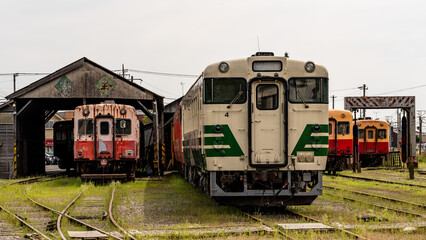 Obraz premium Kominato railway's old-Fashioned Trains parked at Goi Station in Ichihara, Chiba Prefecture