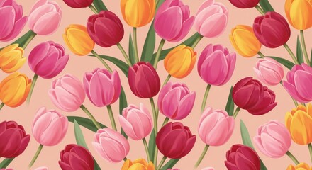 Floral design with various shades of tulips on a pastel background.