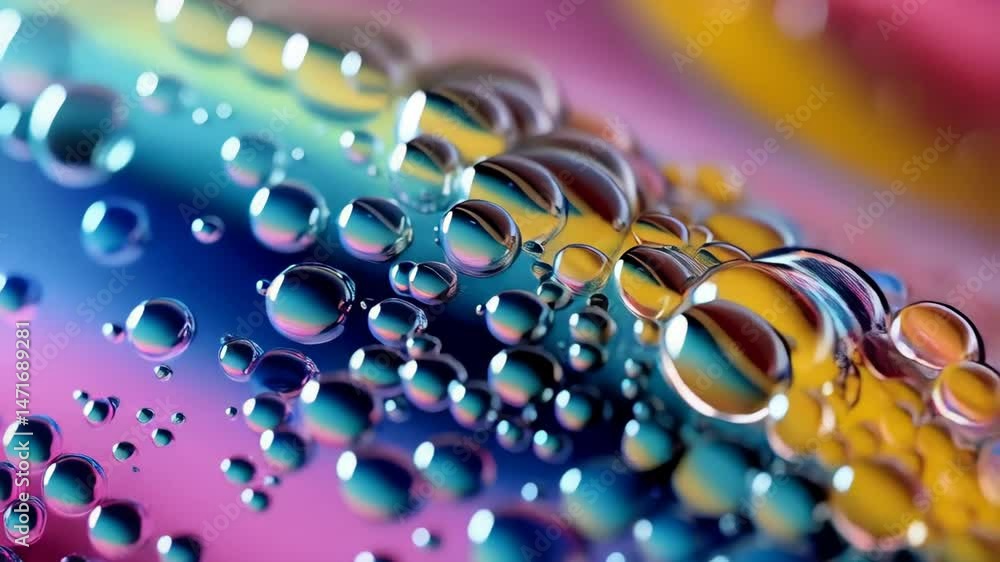 Poster macro image showcasing numerous transparent water droplets reflecting vibrant colors on a textured s