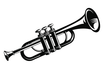 Black and white trumpet instrument displays striking artistic lines and bold shadows on canvas © kanchanrani