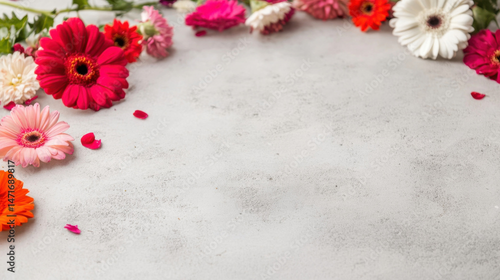Poster vibrant gerbera daisies and chrysanthemums arranged on a light gray textured surface, creating a bea