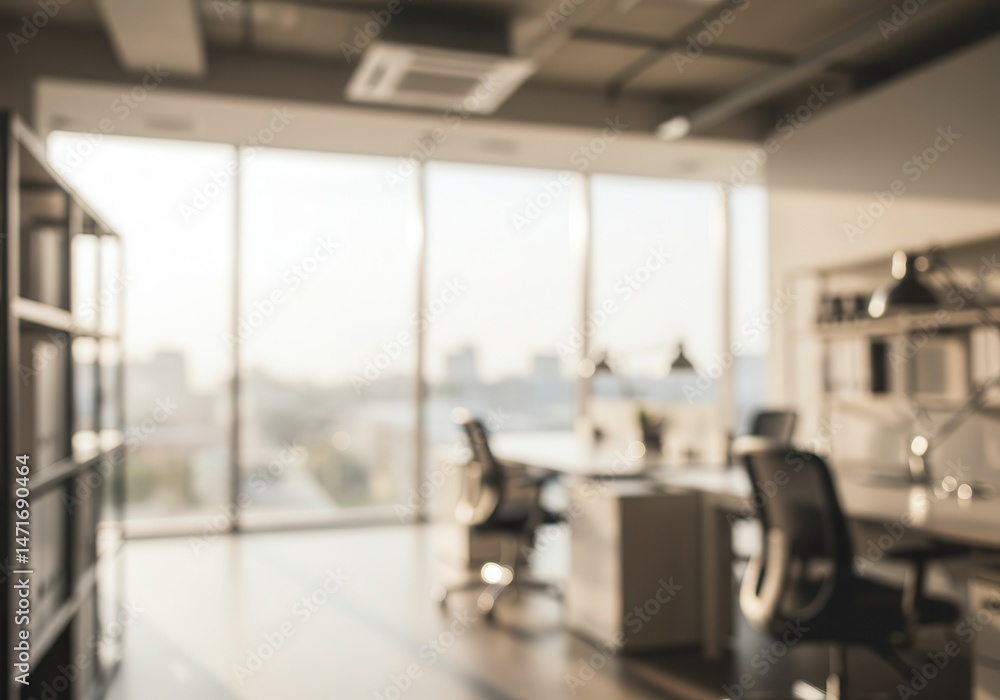 Poster blurred view of a bright modern office space with desks and large windows