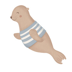 Cute Baby Seal in Blue Striped Swimsuit – Hand Drawn Sea Animal PNG Clipart on Transparent Background for Kids, Nursery Prints, Stationery, Digital Art Projects