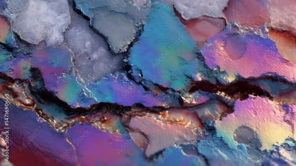 Poster abstract close-up of mineral formations exhibiting iridescent colors, layered textures and crystalli