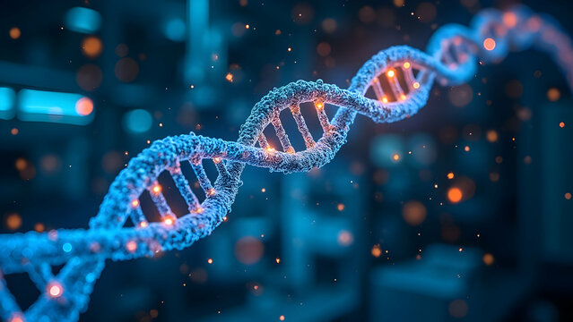 Holographic Medical Interface Displaying Rotating DNA Molecules with Real-Time Biometric Data Streams Connecting to Genetic Markers