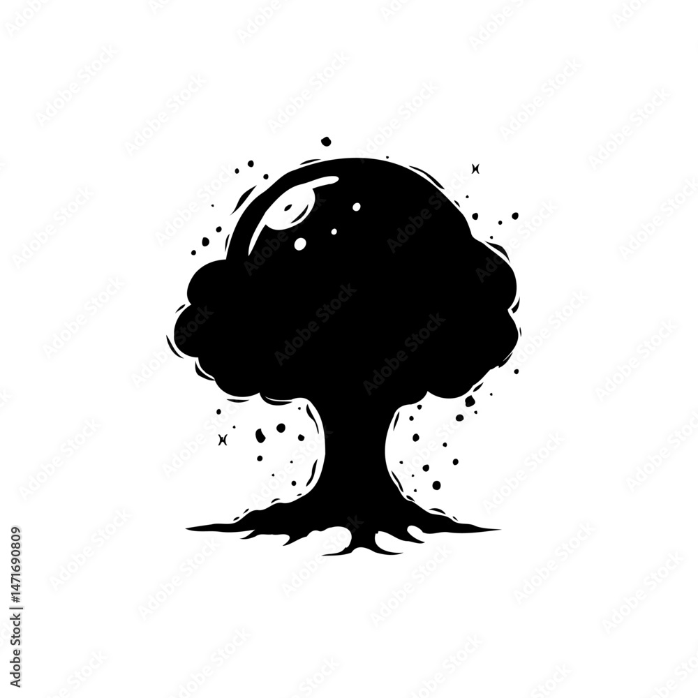 Poster stylized arboreal form with dark silhouette and textural overlay design element