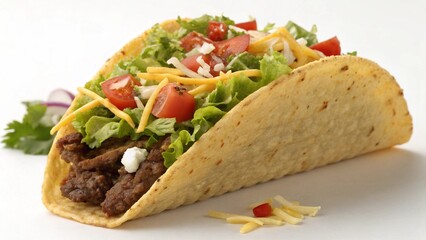 Mexican taco close up with colorful vegetable mix and zesty salsa inside shell