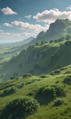 Fototapeta premium Emerald green hill gently rolling under a vast sky , peaceful, view, sun