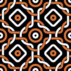 Seamless abstract geometric pattern with an ornamental grid of orange and white braided wavy lines on a black background. Retro ethnic style. Vector illustration for textile, printing, and wallpaper. 