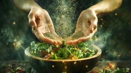 Hands sprinkling seeds over a salad bowl for added nutrition and mindfulness