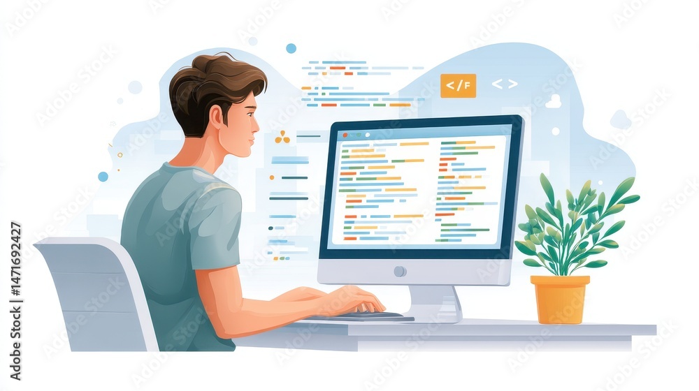 Poster a person coding on a computer, surrounded by digital elements and a potted plant, illustrating a mod