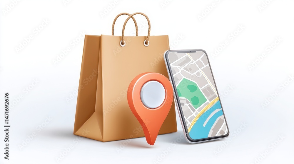 Aufkleber a shopping bag and smartphone displaying a map with a location pin, symbolizing online shopping and 