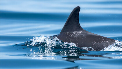Fototapeta premium Orca Dorsal Fin in Ocean: A majestic orca's dorsal fin pierces the surface of the deep blue ocean, captured in a close-up shot that evokes a sense of awe and the vastness of the marine environment. 