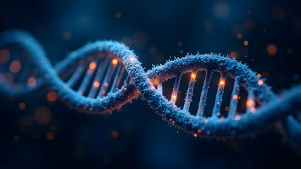 Intertwined DNA Strands Emitting Brilliant Blue and Orange Light with Holographic Medical Symbols and Biometric Data Visualizations