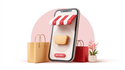 A smartphone with a shopping interface and colorful bags symbolizes online shopping and modern retail trends.