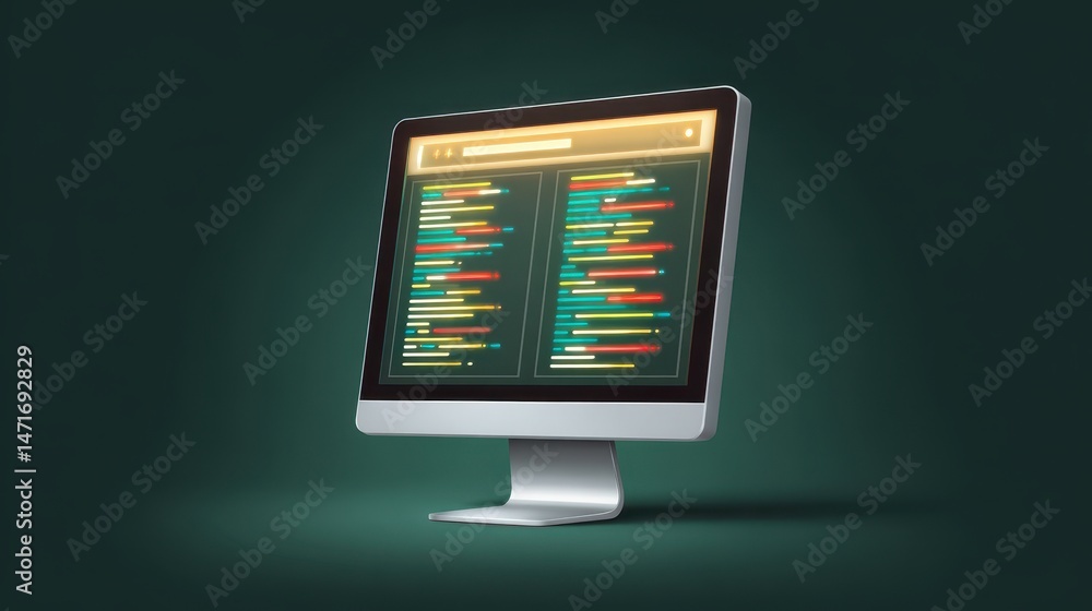 Poster a modern computer monitor displays colorful lines of code on a dark background, symbolizing technolo