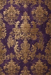 Intricate damask pattern, deep purple cardstock, gold foil label , rich, greeting, metallic