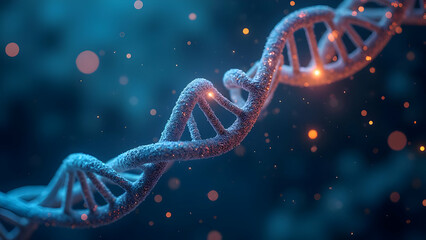 Intertwined DNA Strands Emitting Intense Blue and Orange Light Surrounded by Floating Medical Symbols and Biometric Data Visualizations