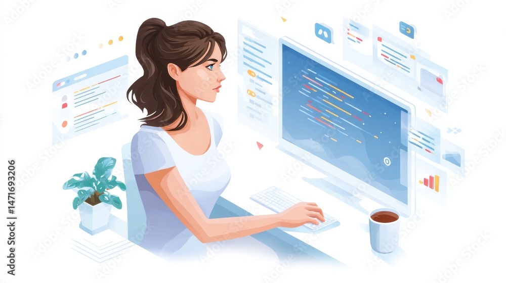 Poster illustration of a woman working on a computer with code and digital elements around her, conveying a